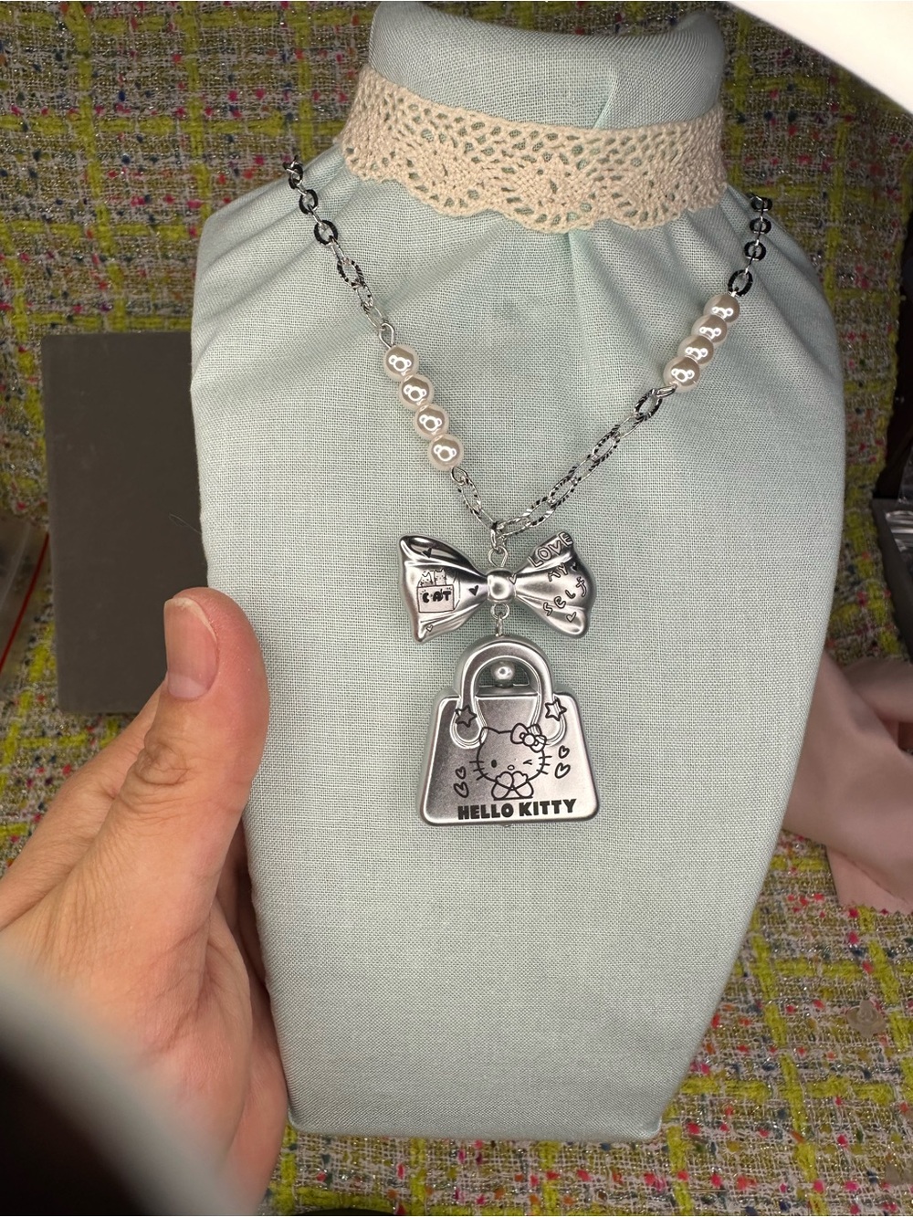 Hello Kitty Silver Bow and Purse Charm Necklace